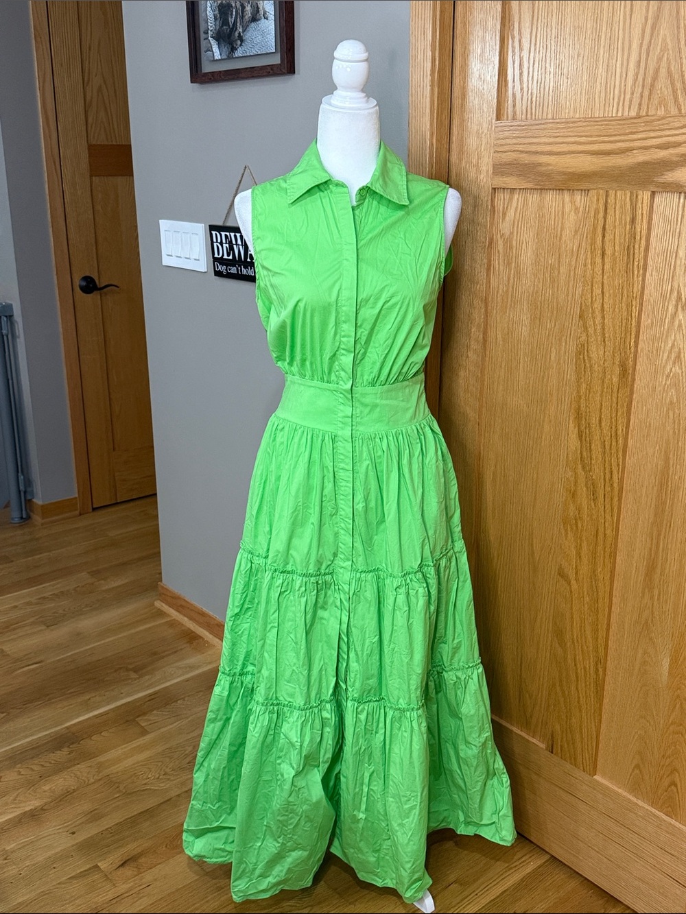 Ramy Brook Neon Green Sleeveless Tiered Maxi Shirt Dress